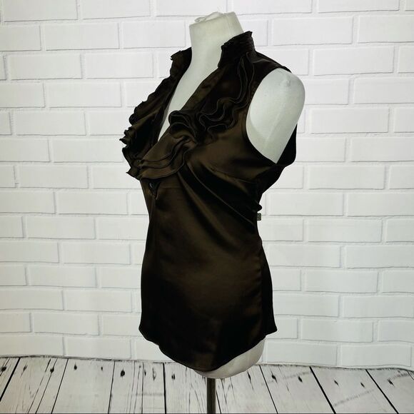 10/$25🦋 NY&Co Brown Satin Ruffle Halter Top - Size Medium - Picture 3 of 13